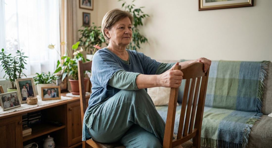 Idősebb nő kíméletes nyújtó gyakorlatot végez otthon