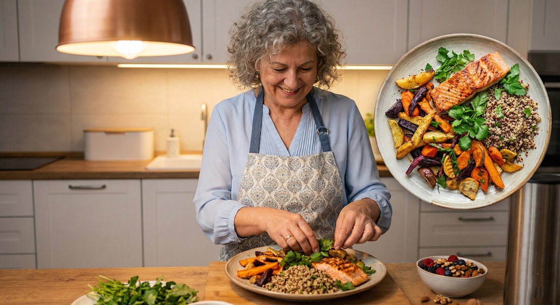 Idősebb nő ízületbarát, színes ételeket készít a konyhában